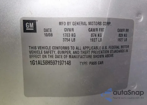 2009 Chevrolet Cobalt Lt z USA, uszkodzony, nr VIN 1G1AL58H597197148